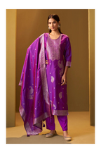 Purple Jacquard Art Silk Straight Kurta Set with Cotton Bottom & Silk Blend Dupatta