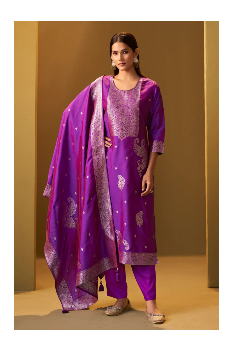 Purple Jacquard Art Silk Straight Kurta Set with Cotton Bottom & Silk Blend Dupatta