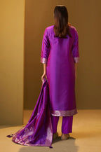 Purple Jacquard Art Silk Straight Kurta Set with Cotton Bottom & Silk Blend Dupatta