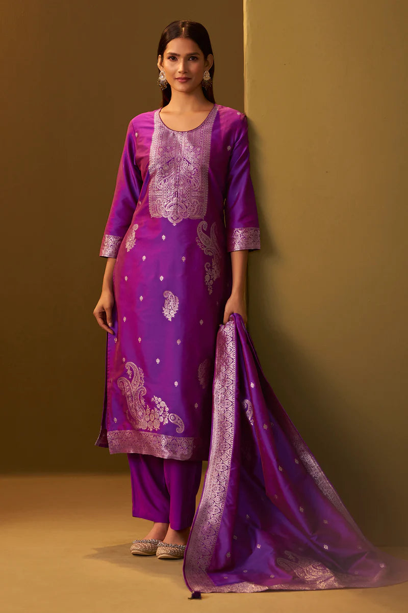 Purple Jacquard Art Silk Straight Kurta Set with Cotton Bottom & Silk Blend Dupatta