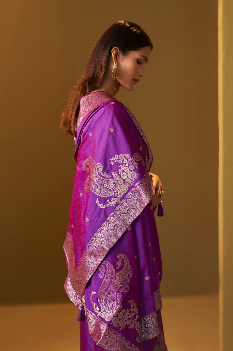 Purple Jacquard Art Silk Straight Kurta Set with Cotton Bottom & Silk Blend Dupatta