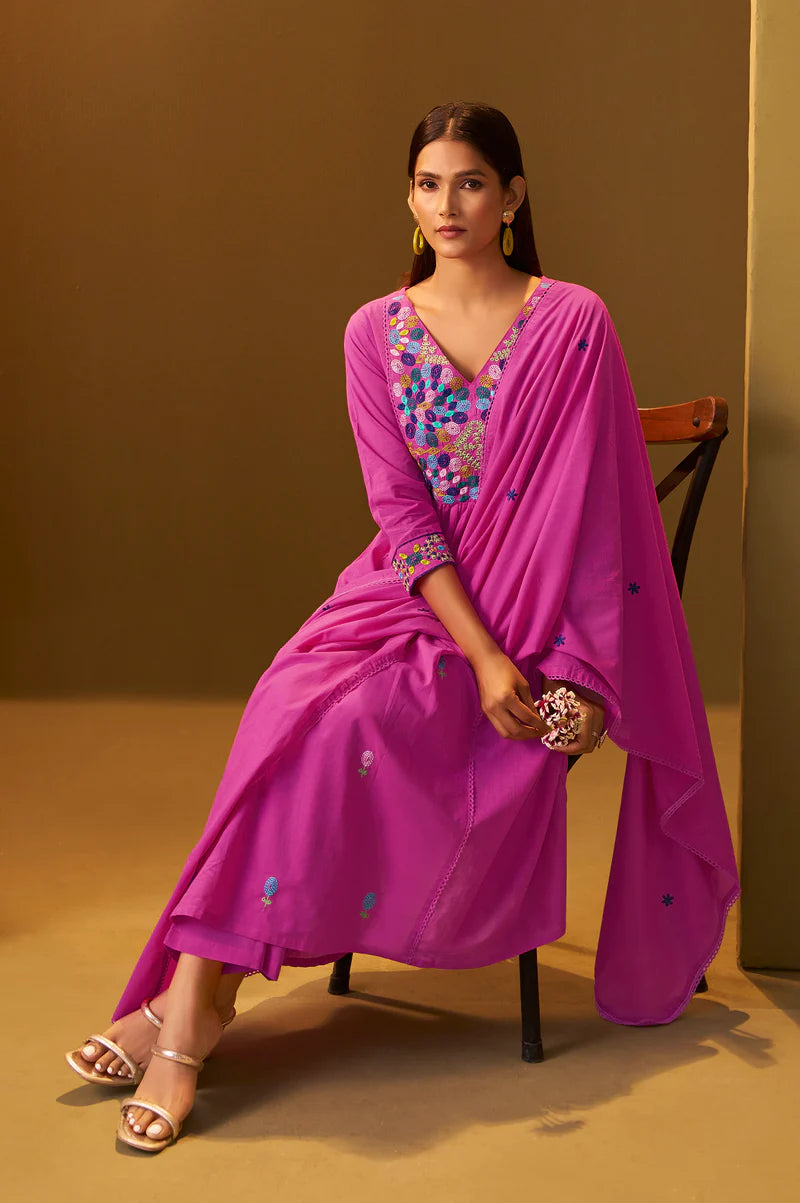 Orange Pure Cotton Embroidered Kurta Set with Dupatta