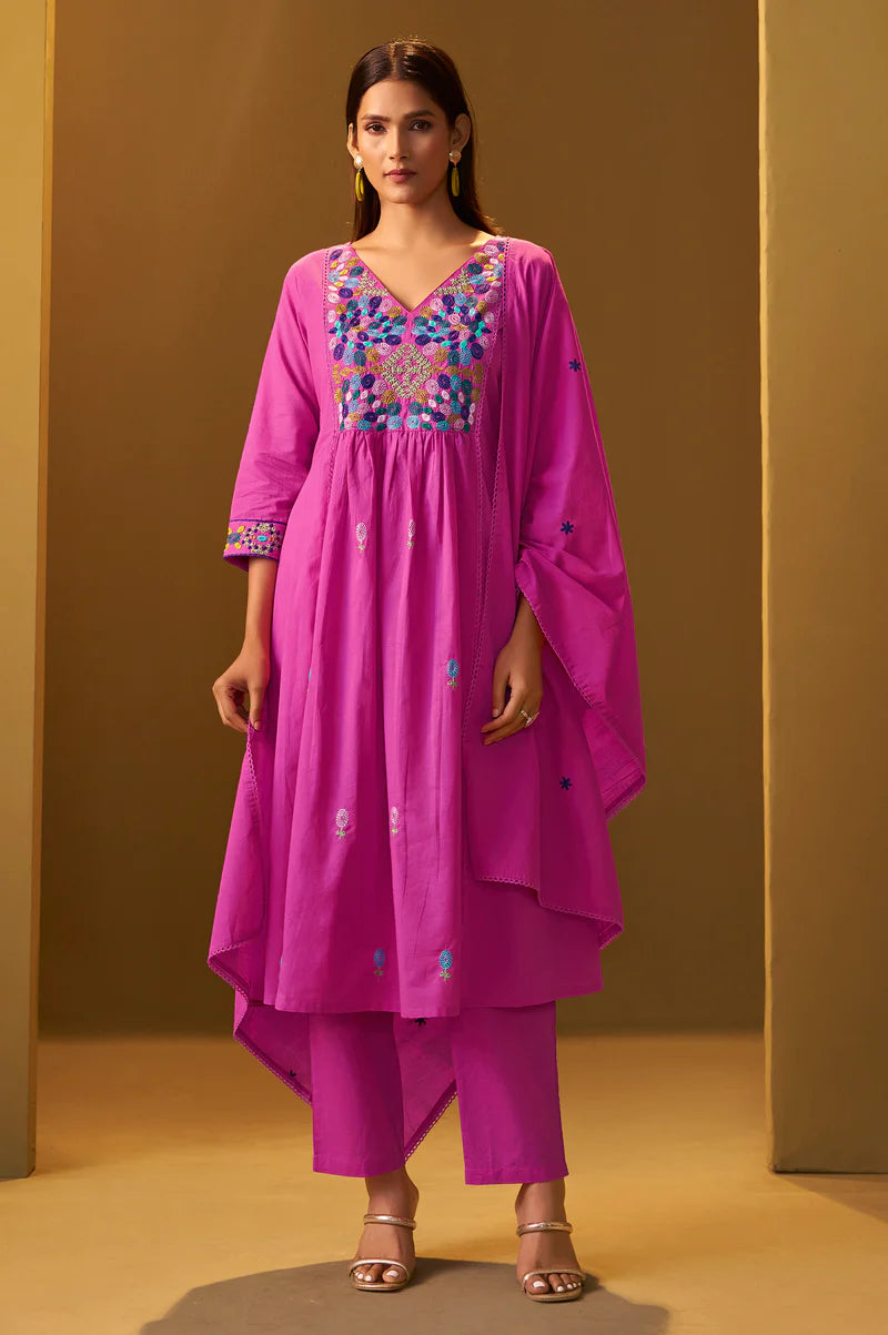 Orange Pure Cotton Embroidered Kurta Set with Dupatta