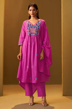 Orange Pure Cotton Embroidered Kurta Set with Dupatta