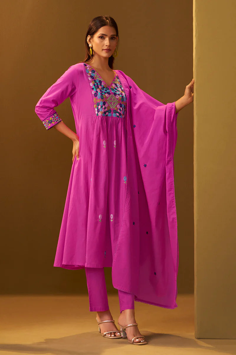Orange Pure Cotton Embroidered Kurta Set with Dupatta