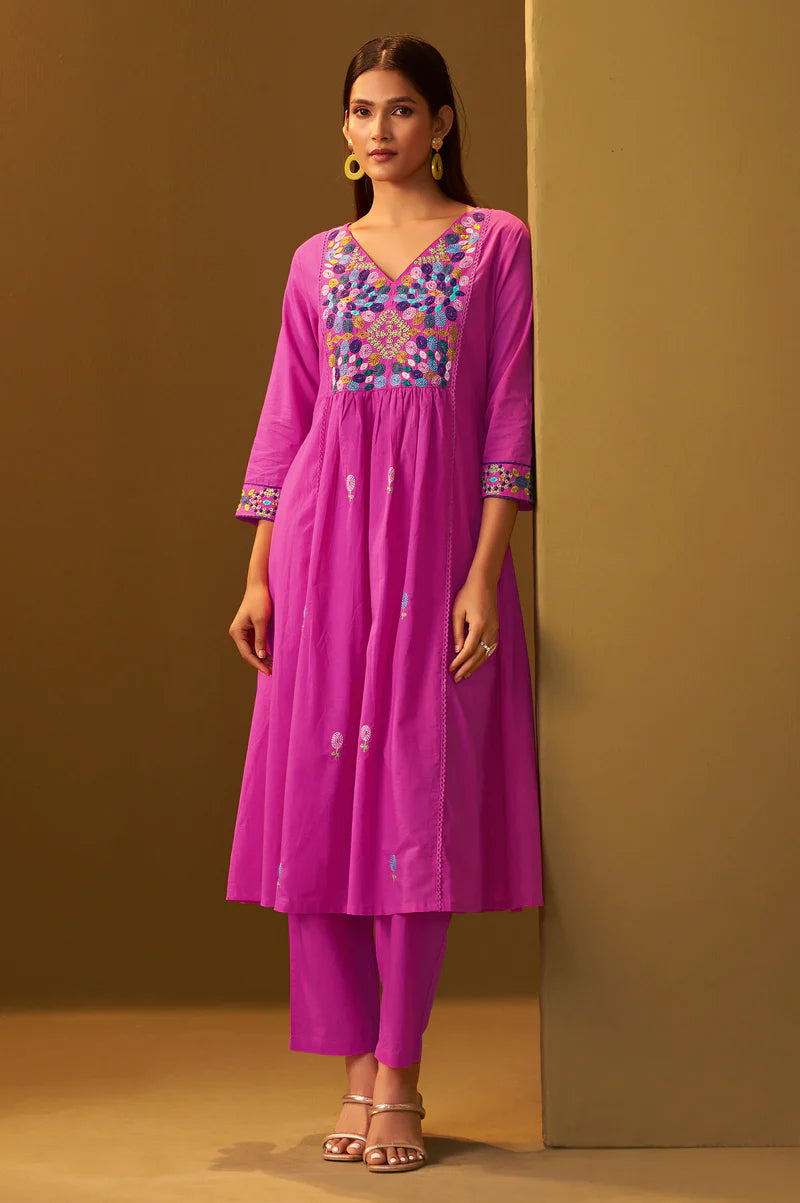 Orange Pure Cotton Embroidered Kurta Set with Dupatta