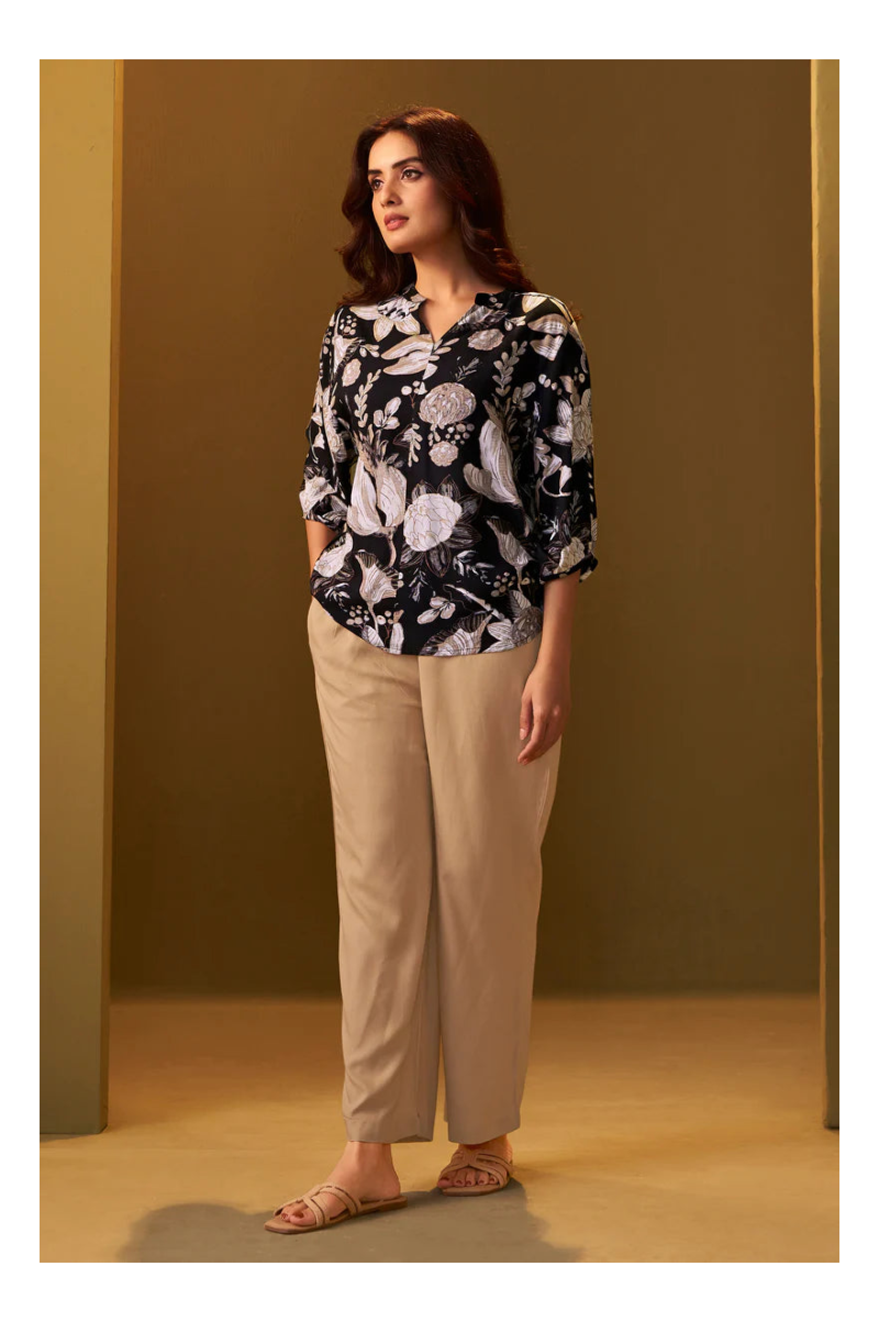 Black and Brown Viscose Reyon Printed Top and Pant Co-ord Set