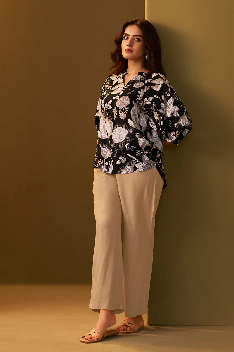 Black and Brown Viscose Reyon Printed Top and Pant Co-ord Set