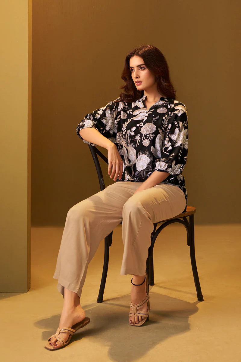 Black and Brown Viscose Reyon Printed Top and Pant Co-ord Set