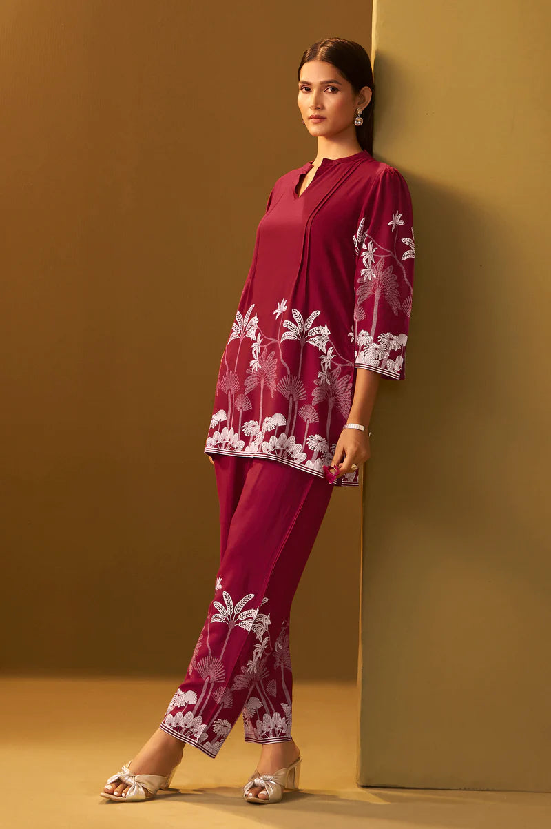 Red Rayon Floral Printed Co-Ord Set