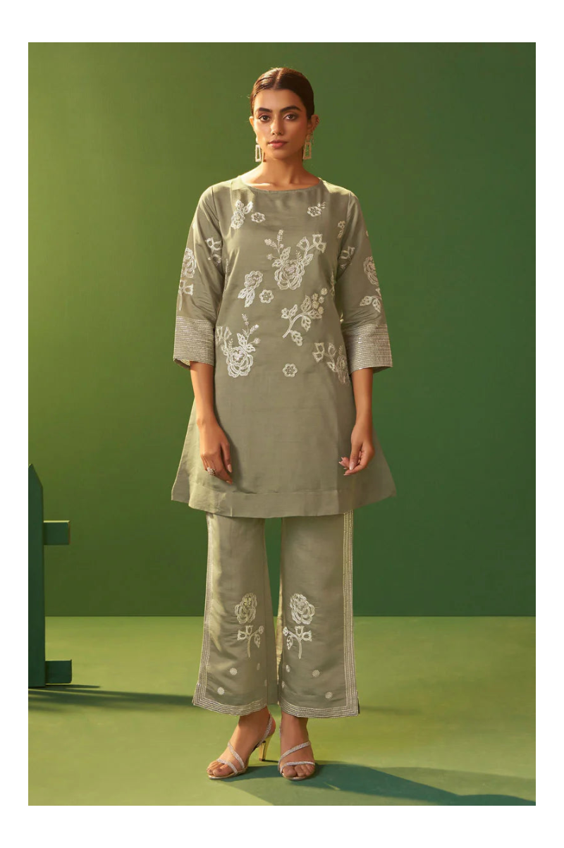 Grey Roman Silk Embroidered A-Line Co-Ord Set