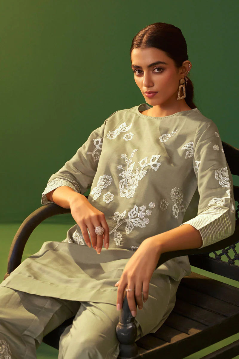 Grey Roman Silk Embroidered A-Line Co-Ord Set
