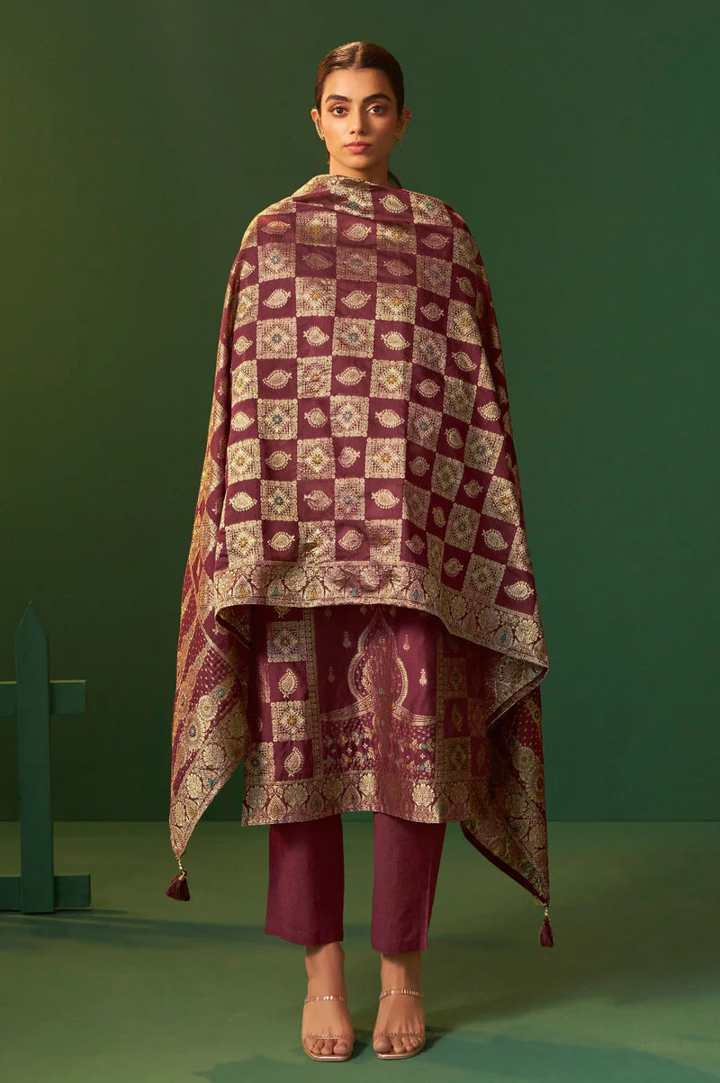 Wine Jacquard Art Silk Kurta Set with Cotton Bottom & Silk Jacquard Dupatta