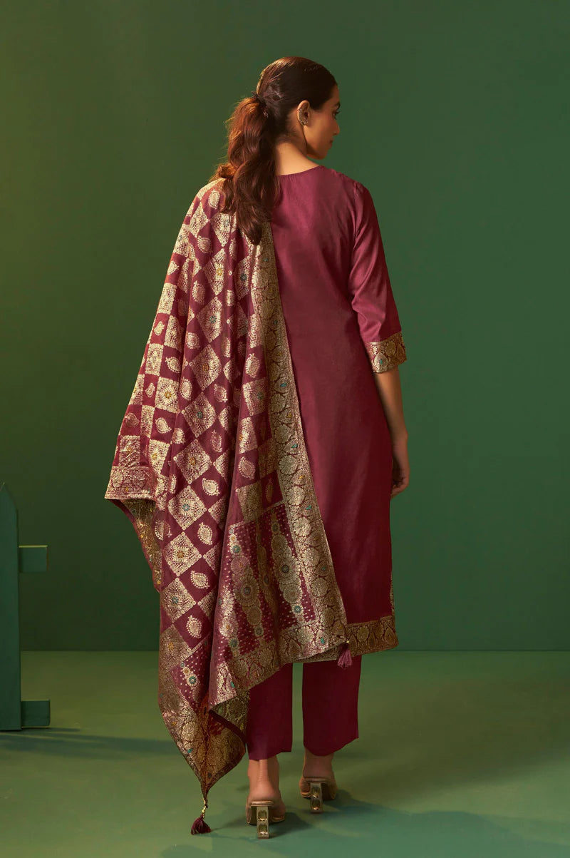 Wine Jacquard Art Silk Kurta Set with Cotton Bottom & Silk Jacquard Dupatta