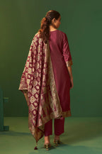 Wine Jacquard Art Silk Kurta Set with Cotton Bottom & Silk Jacquard Dupatta