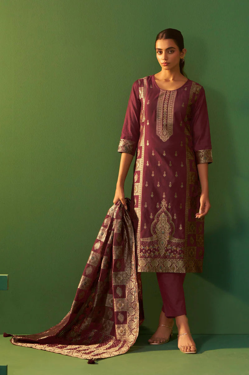Wine Jacquard Art Silk Kurta Set with Cotton Bottom & Silk Jacquard Dupatta