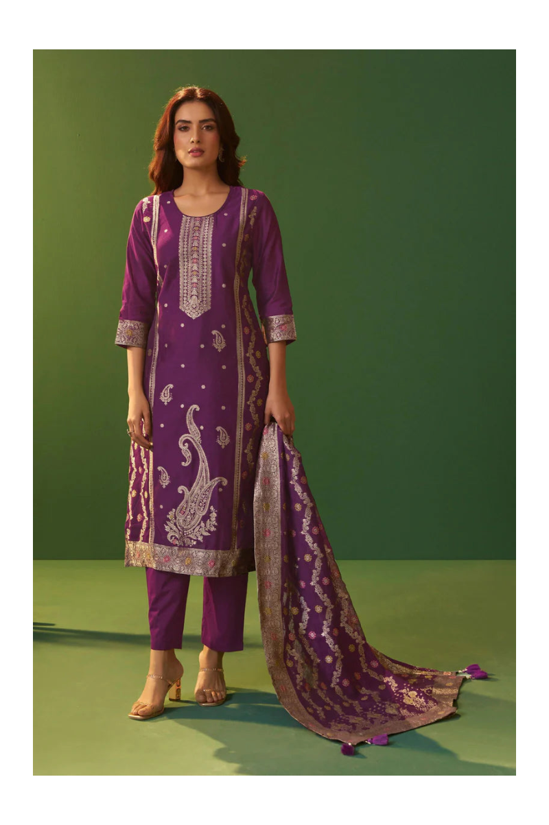 Purple Jacquard Art Silk Kurta Set with Cotton Bottom & Silk Jacquard Dupatta