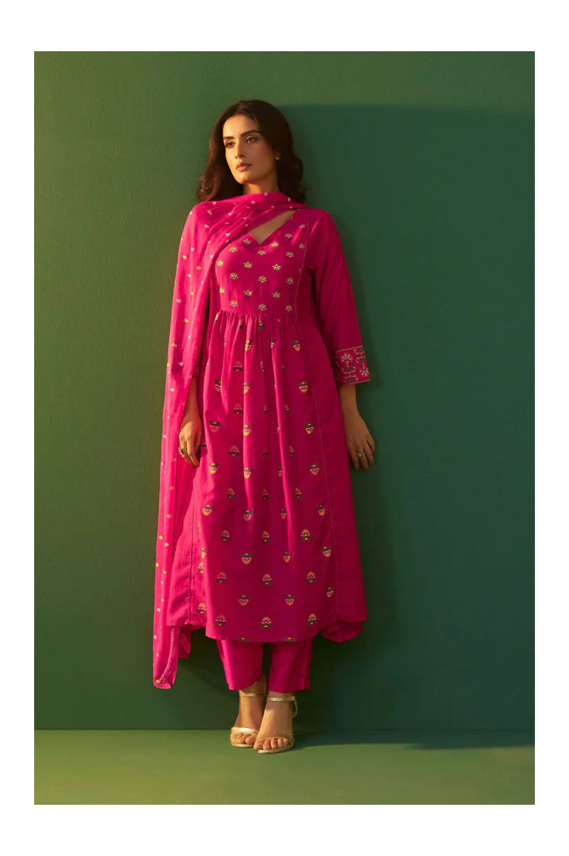 Pink Chinnon Printed Flared Calf Length Kurta with Cotton Printed Dupatta
