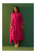 Pink Chinnon Printed Flared Calf Length Kurta with Cotton Printed Dupatta