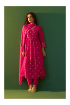 Pink Chinnon Printed Flared Calf Length Kurta with Cotton Printed Dupatta