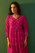 Pink Chinnon Printed Flared Calf Length Kurta with Cotton Printed Dupatta