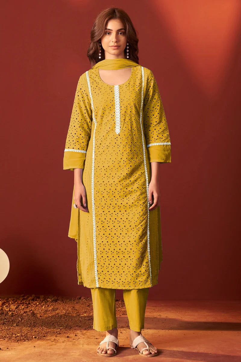Sky Blue Pure Cotton Schiffly Kurta Set with Dupatta