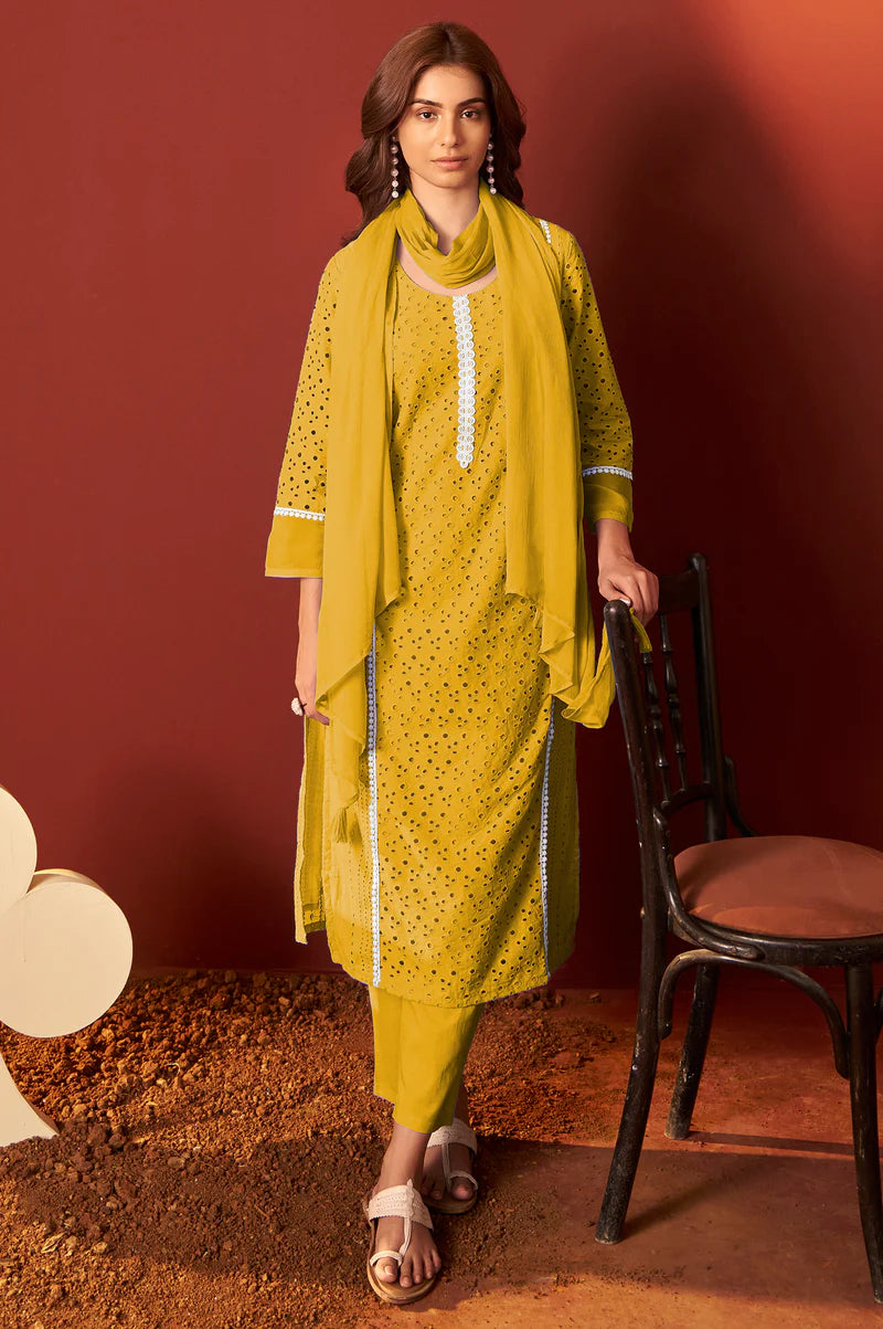 Sky Blue Pure Cotton Schiffly Kurta Set with Dupatta