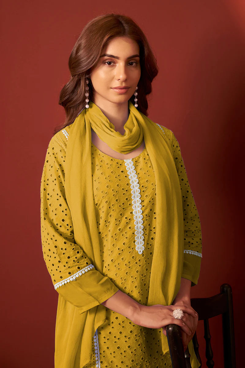 Sky Blue Pure Cotton Schiffly Kurta Set with Dupatta