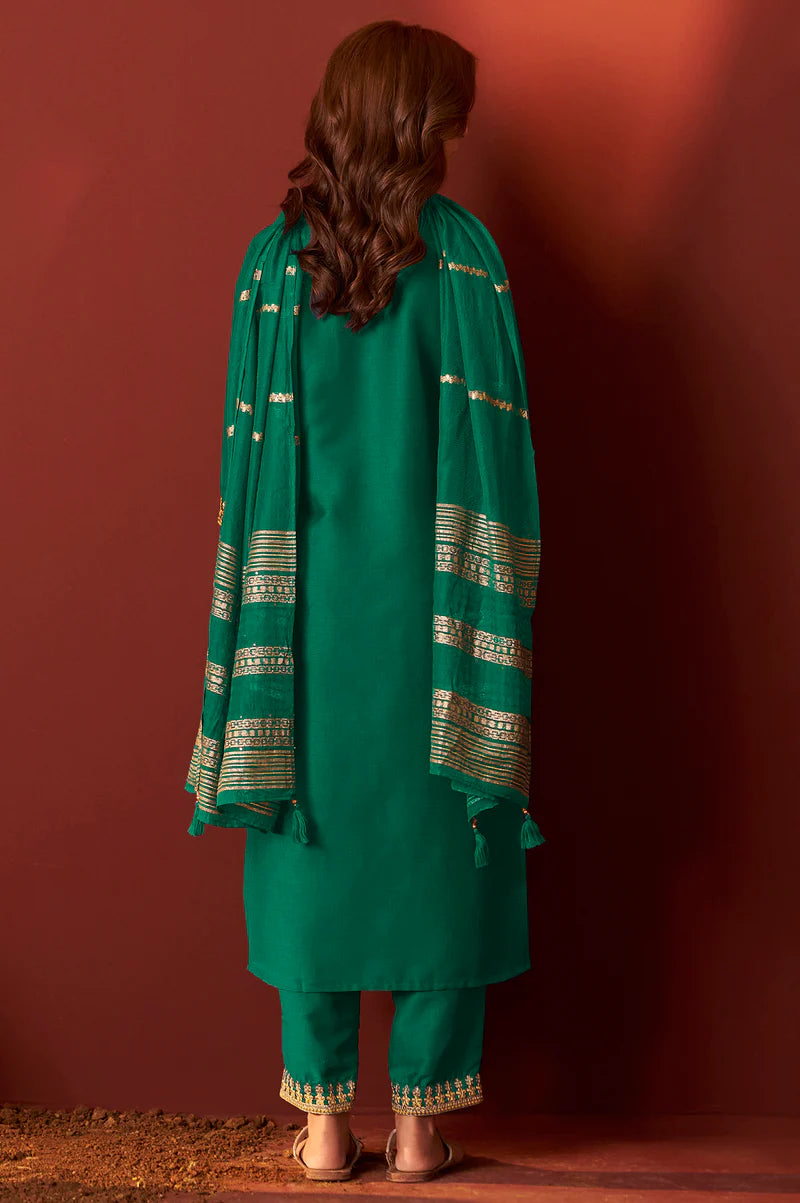 Green Chinnon Embroidered Kurta Set With dupatta