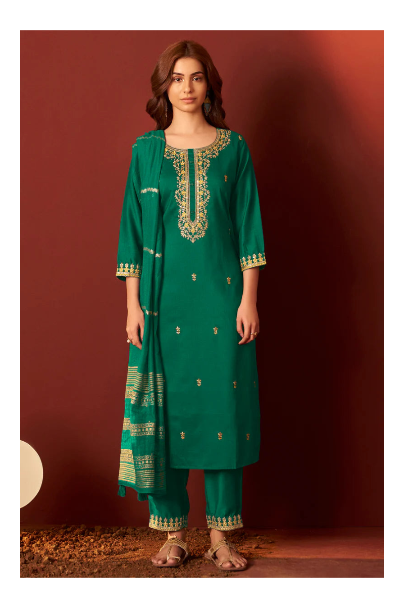 Green Chinnon Embroidered Kurta Set With dupatta
