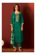 Green Chinnon Embroidered Kurta Set With dupatta
