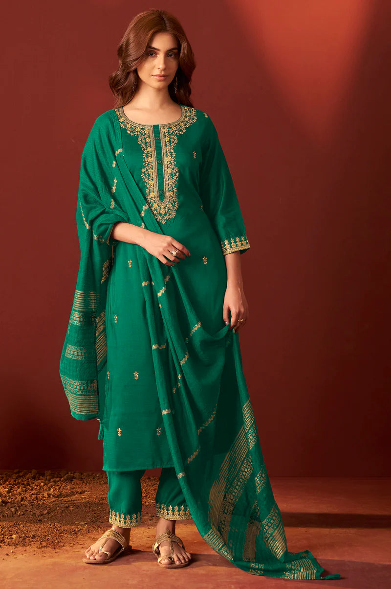 Green Chinnon Embroidered Kurta Set With dupatta
