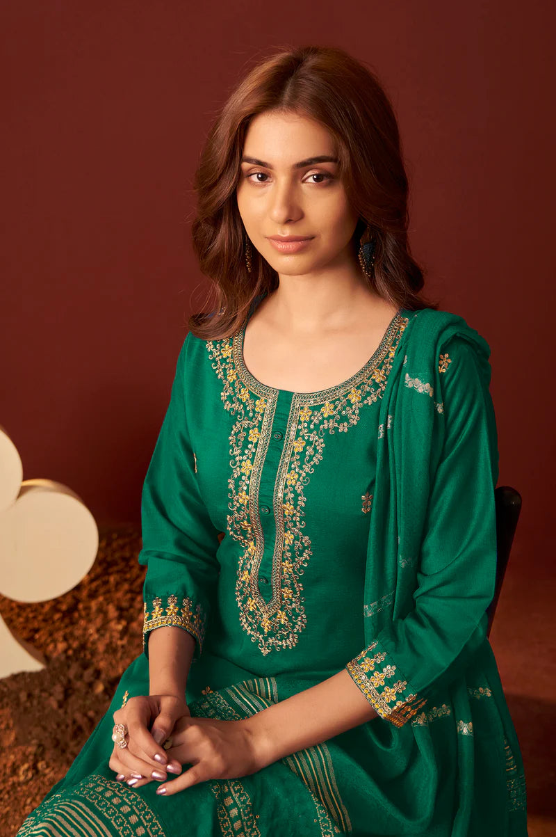 Green Chinnon Embroidered Kurta Set With dupatta
