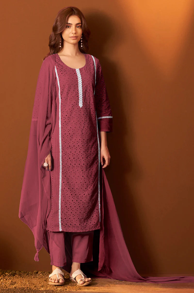 Sky Blue Pure Cotton Schiffly Kurta Set with Dupatta