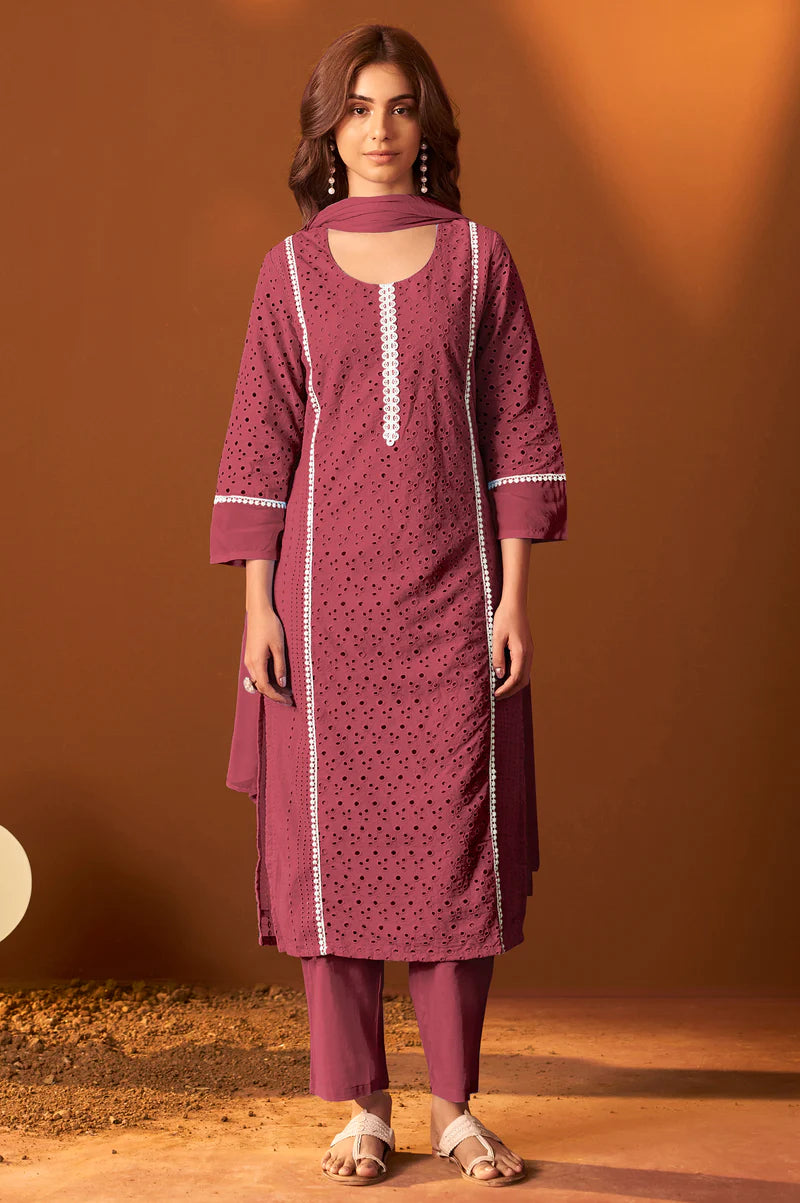 Sky Blue Pure Cotton Schiffly Kurta Set with Dupatta