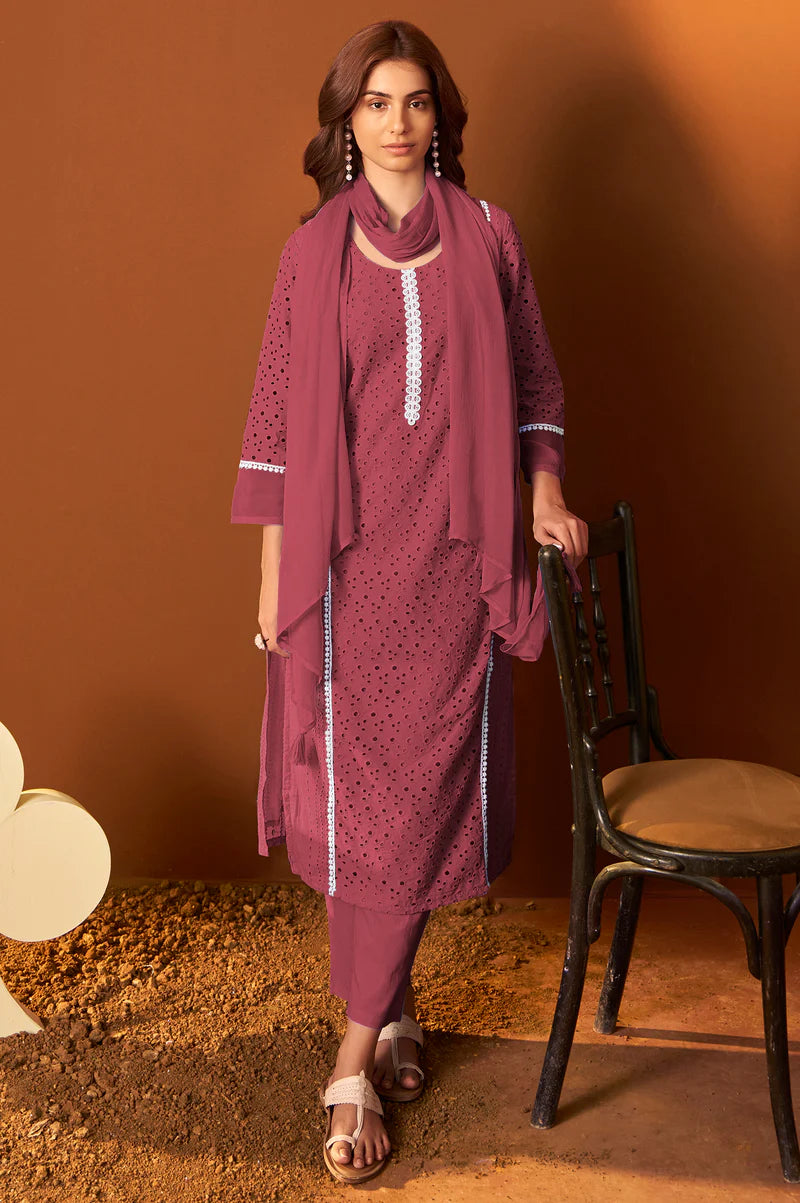 Sky Blue Pure Cotton Schiffly Kurta Set with Dupatta