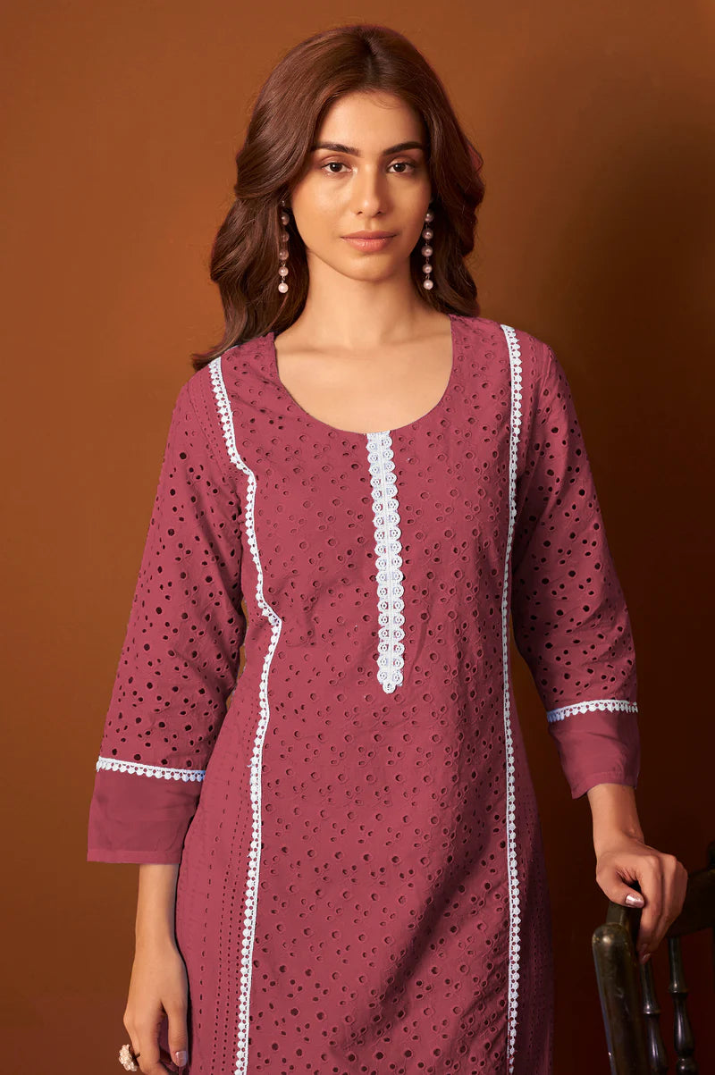 Sky Blue Pure Cotton Schiffly Kurta Set with Dupatta