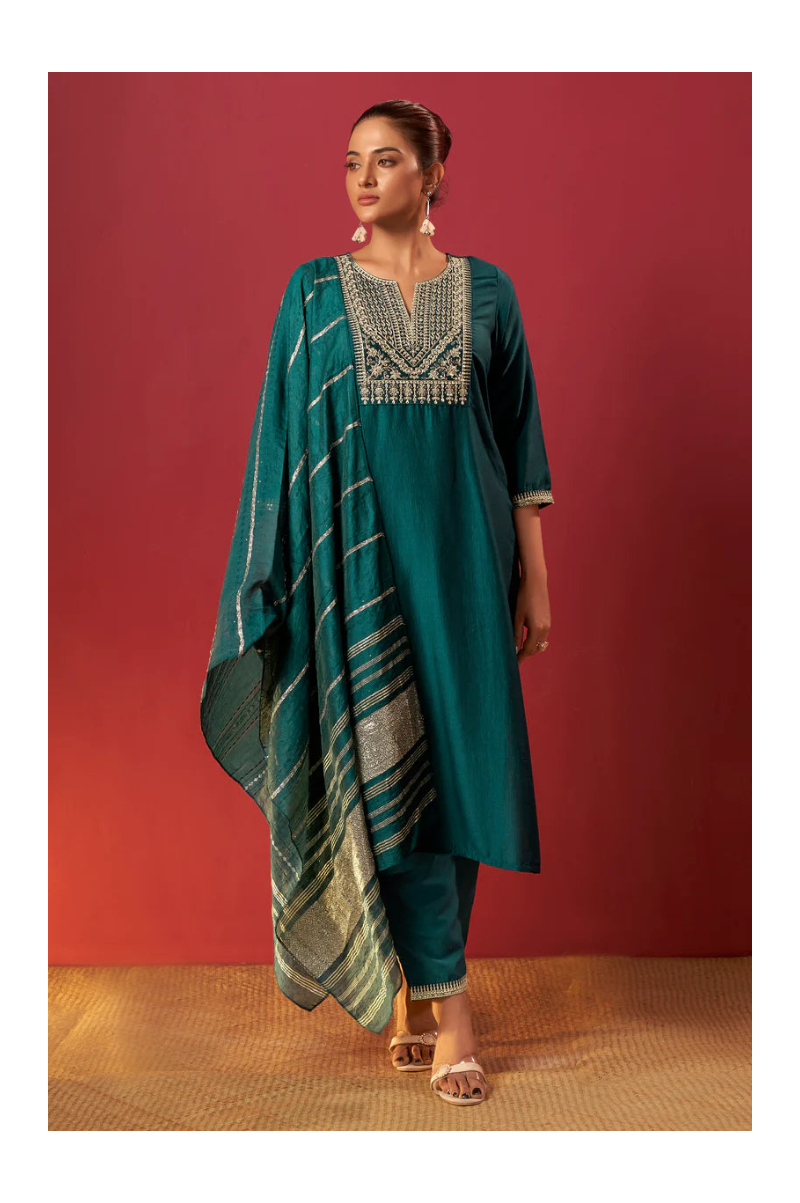 Green Chinon Embroidered Kurta Set with Jacquard Dupatta