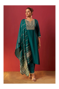 Green Chinon Embroidered Kurta Set with Jacquard Dupatta