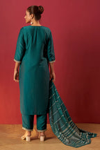 Green Chinon Embroidered Kurta Set with Jacquard Dupatta