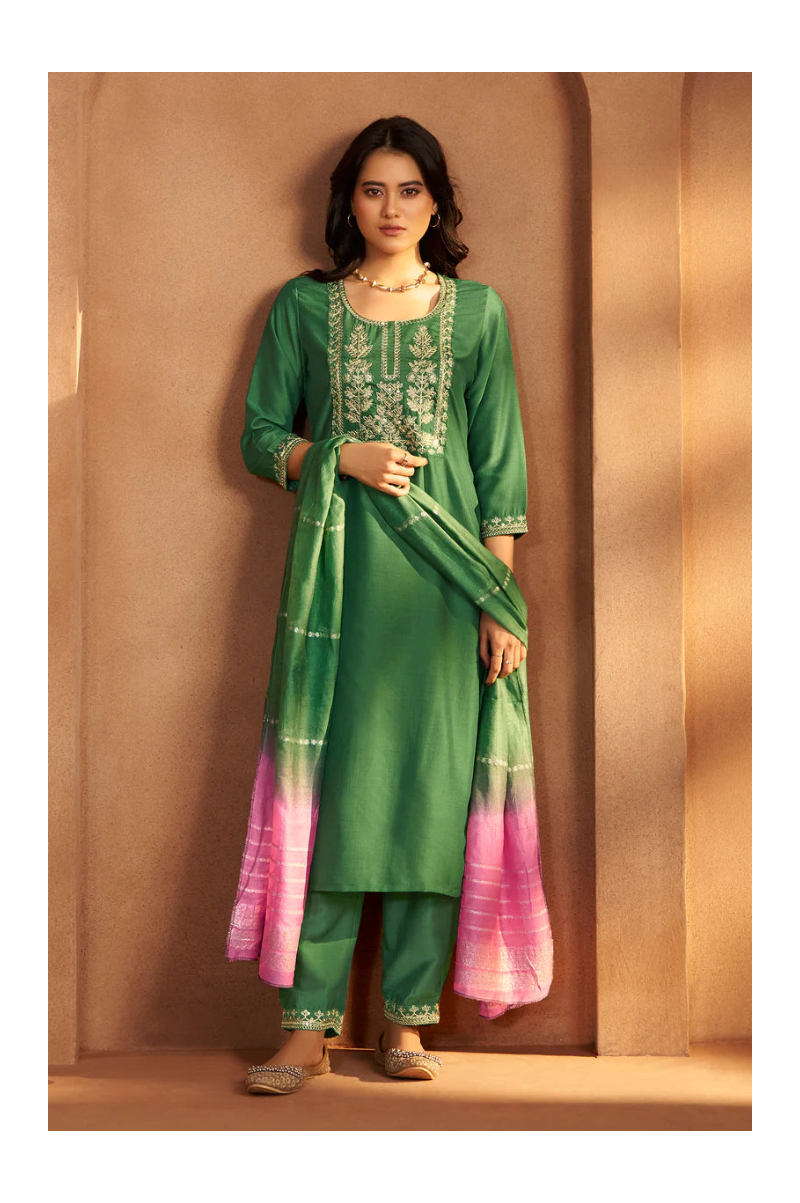 Green Cotton Blend Embroidered Kurta Pant With Chanderi Jacquard Dupatta