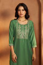 Green Cotton Blend Embroidered Kurta Pant With Chanderi Jacquard Dupatta