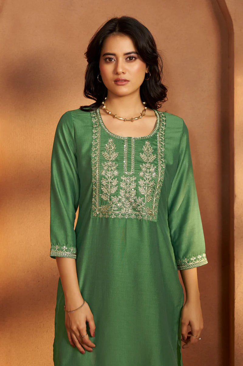 Green Cotton Blend Embroidered Kurta Pant With Chanderi Jacquard Dupatta