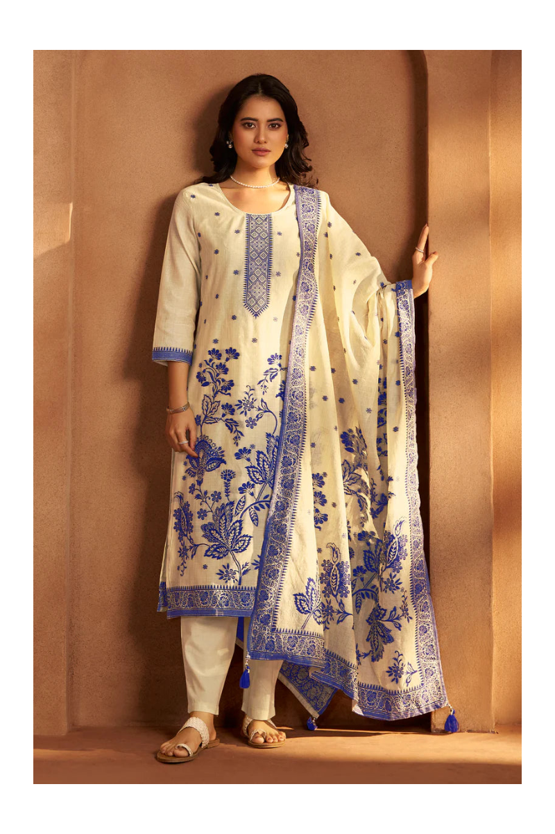 Cream Jacquard Art Silk Kurta Set with Cotton Bottom & Silk Jacquard Dupatta