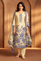 Cream Jacquard Art Silk Kurta Set with Cotton Bottom & Silk Jacquard Dupatta