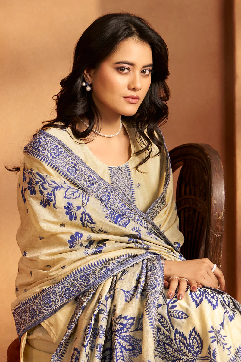 Cream Jacquard Art Silk Kurta Set with Cotton Bottom & Silk Jacquard Dupatta