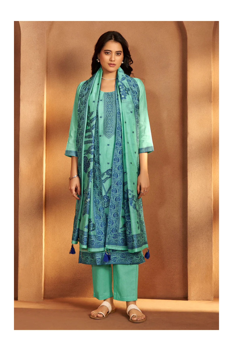 Teal Green Jacquard Art Silk Kurta Set with Cotton Bottom & Silk Jacquard Dupatta