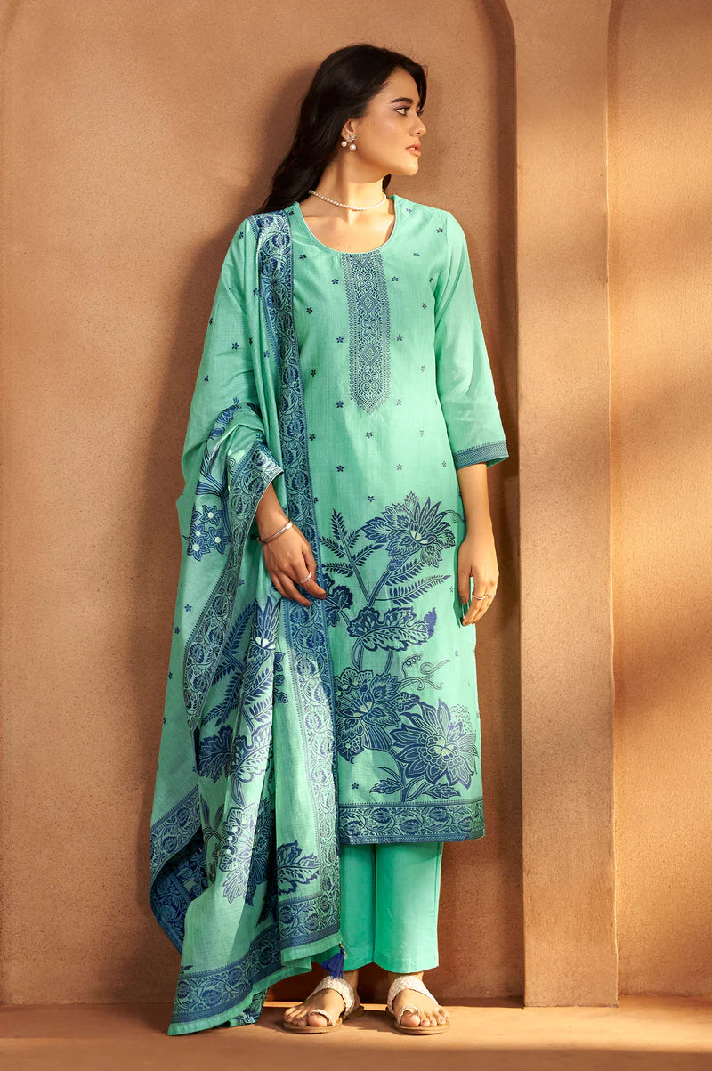 Teal Green Jacquard Art Silk Kurta Set with Cotton Bottom & Silk Jacquard Dupatta