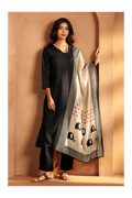 Black Cotton Calf-Length Kurta with Pant & Cream Chanderi Printed Dupatta