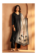 Black Cotton Calf-Length Kurta with Pant & Cream Chanderi Printed Dupatta